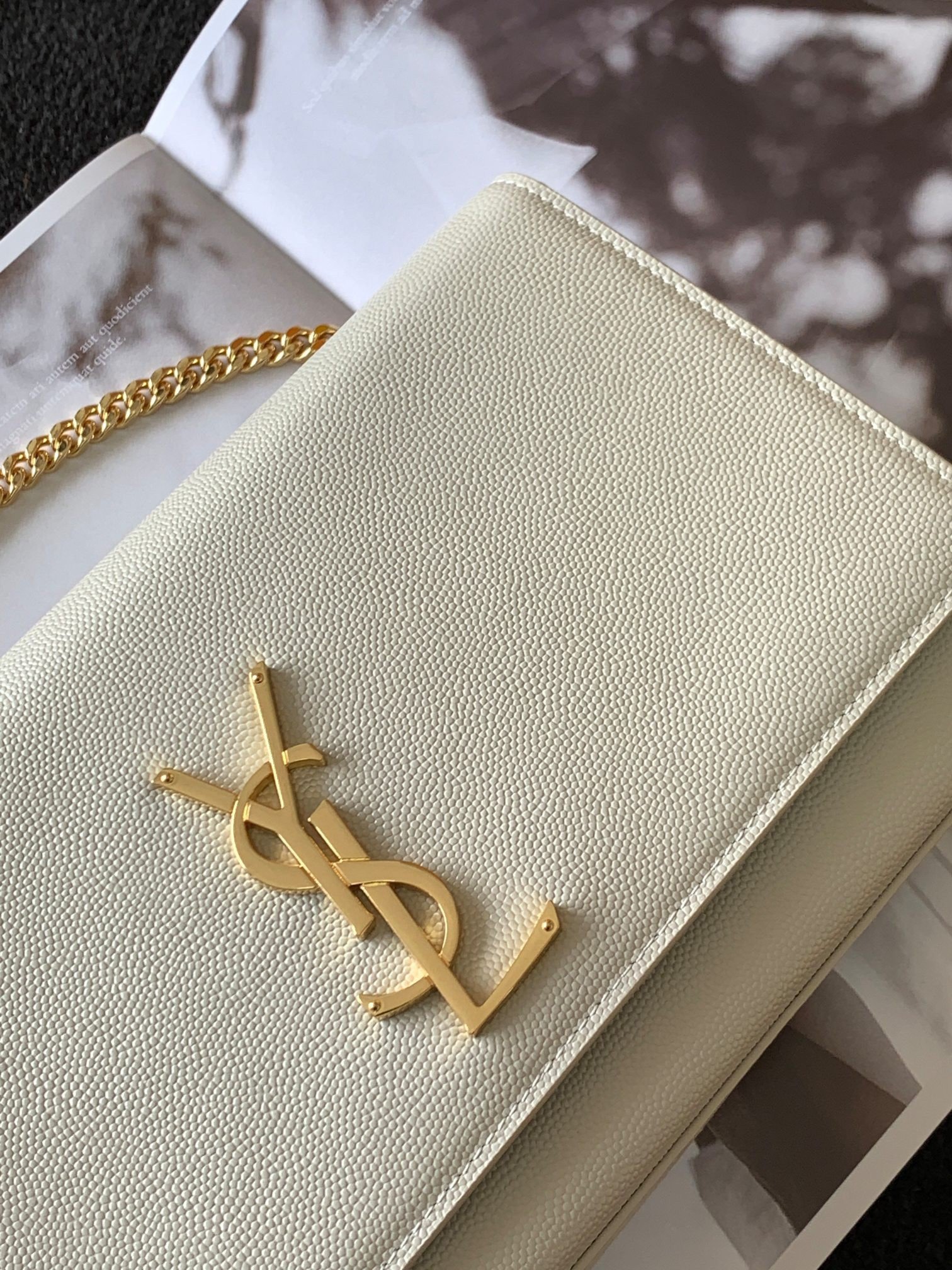 Saint Laurent Kate Medium Chain Bag In White Grain De Poudre Leather