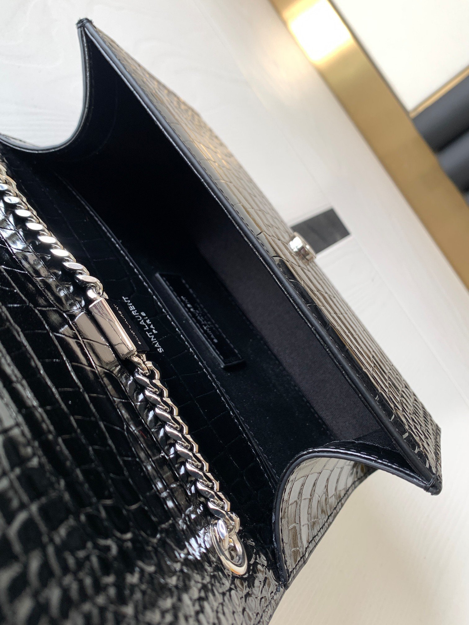 Saint Laurent Kate Small Tassel Bag In Noir Crocodile-embossed Leather