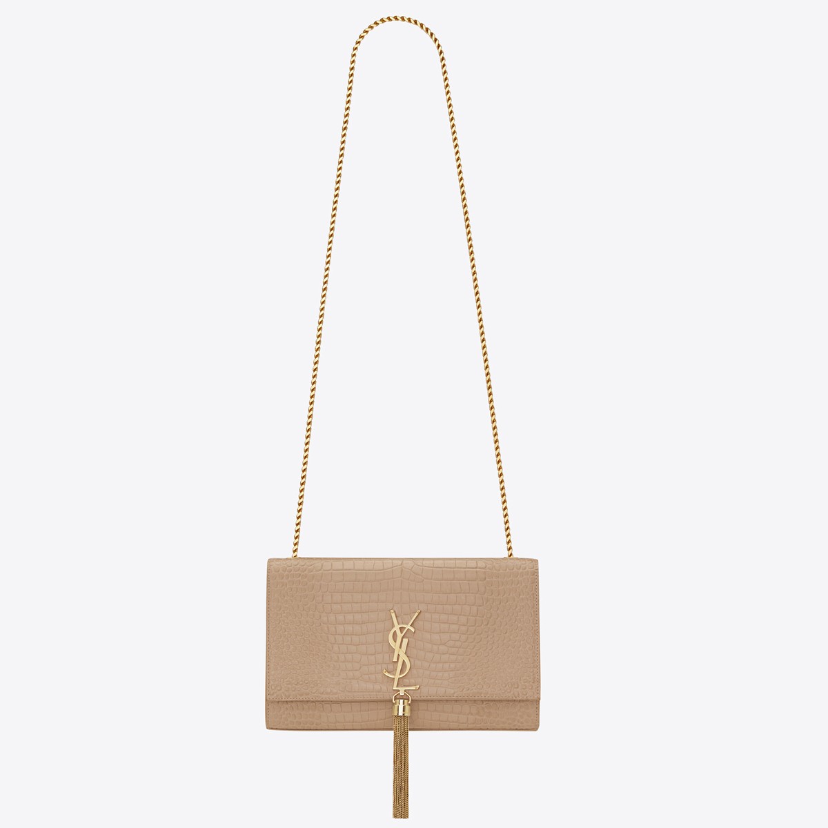 Saint Laurent Kate Medium Tassel Bag In Beige Crocodile-embossed Leather