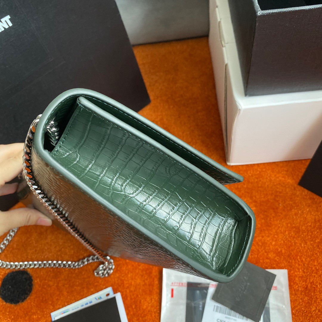 Saint Laurent Kate Medium Tassel Bag In Green Crocodile-embossed Leather