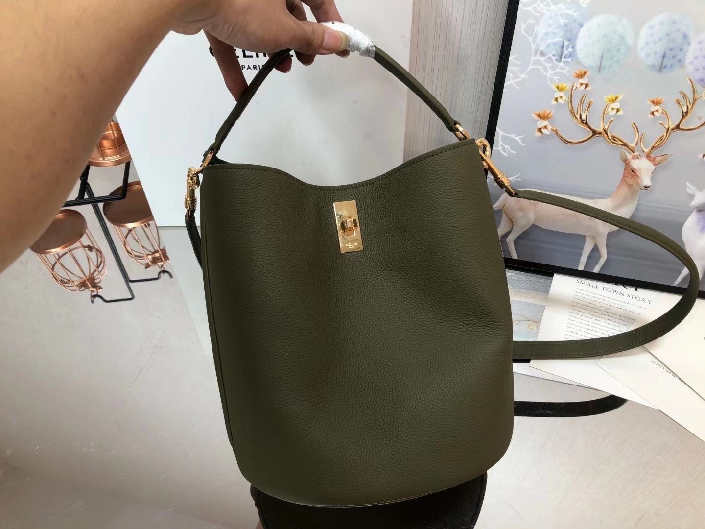 Celine Bucket 16 Bag In Dark Olive Grained Calfskin