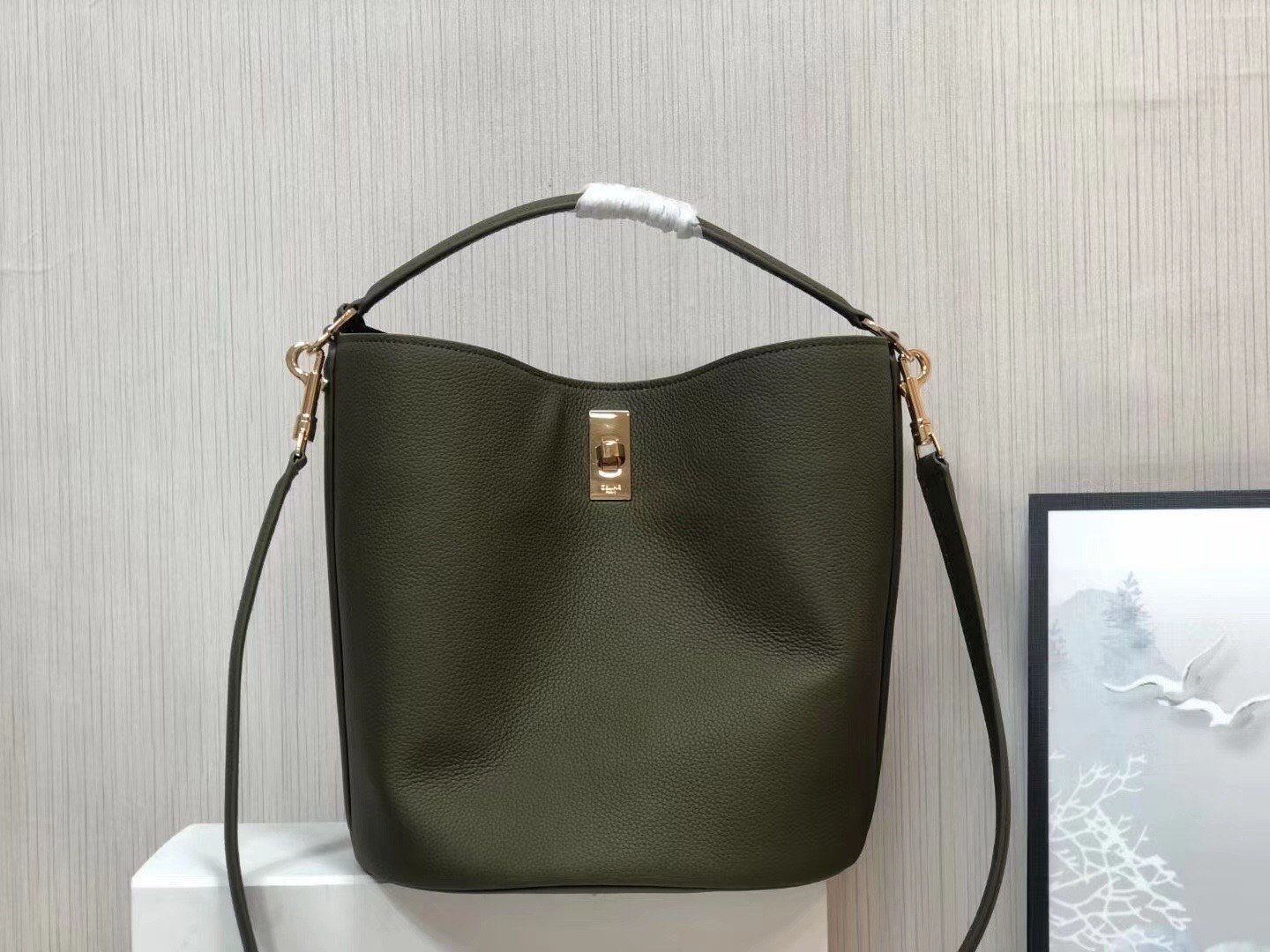 Celine Bucket 16 Bag In Dark Olive Grained Calfskin