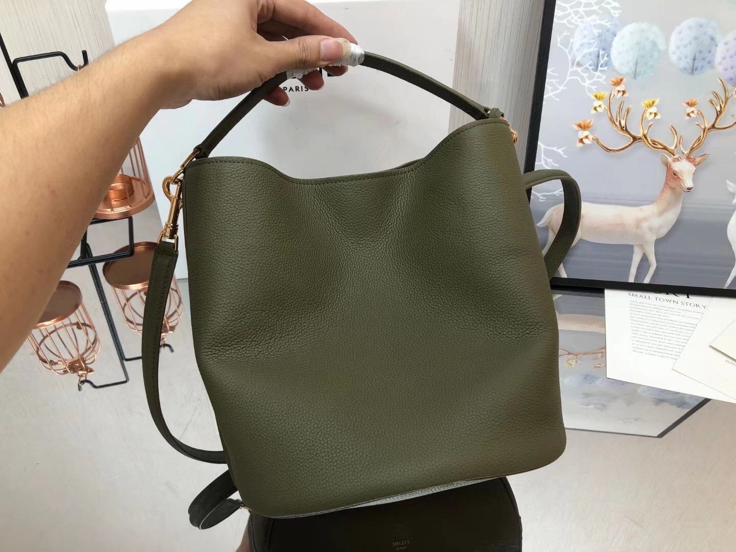 Celine Bucket 16 Bag In Dark Olive Grained Calfskin