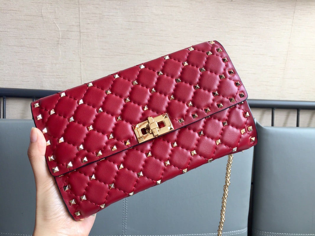 Valentino Rockstud Spike Crossbody Clutch Bag In Red Lambskin