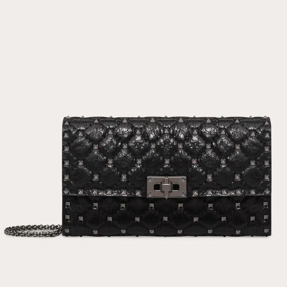 Valentino Rockstud Spike Crossbody Clutch Bag In Crinkled Lambskin