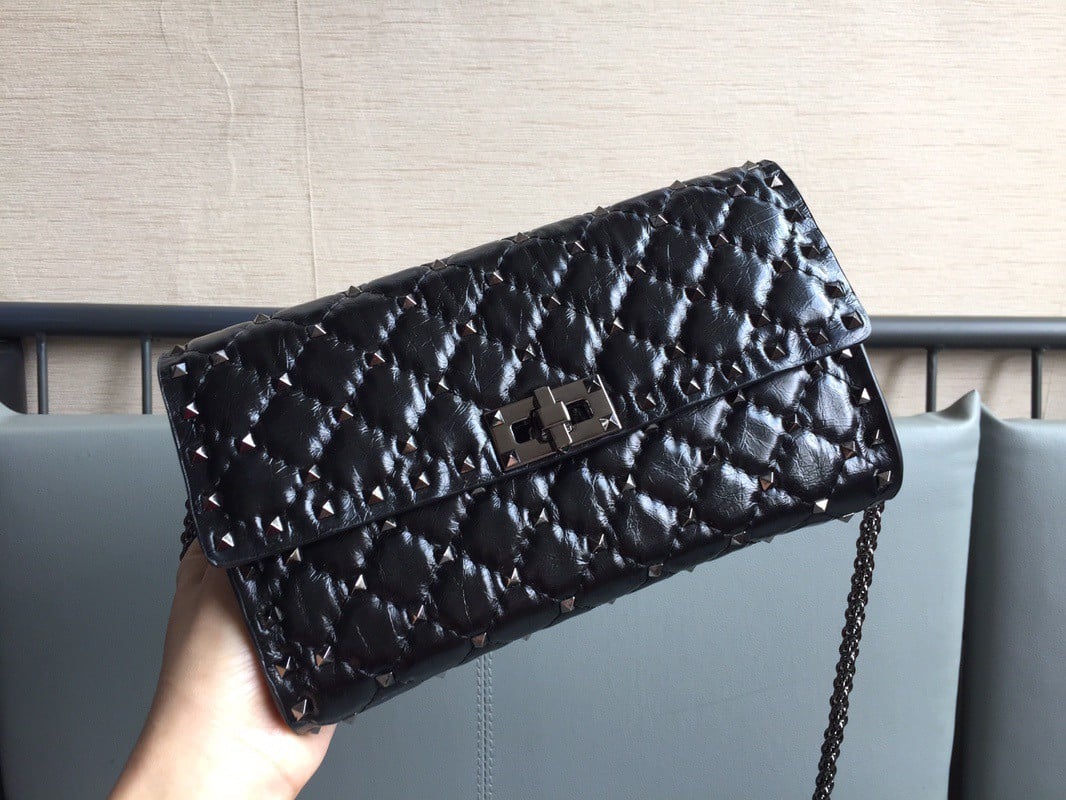 Valentino Rockstud Spike Crossbody Clutch Bag In Crinkled Lambskin