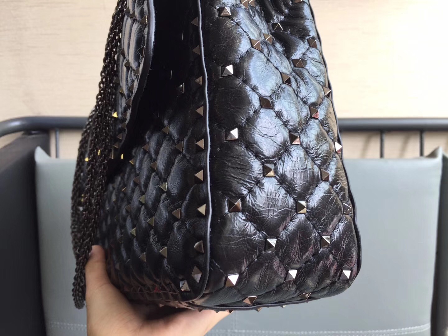 Valentino Rockstud Spike Large Bag In Crinkled Nappa Lambskin