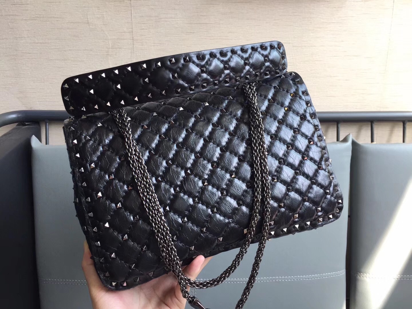 Valentino Rockstud Spike Large Bag In Crinkled Nappa Lambskin