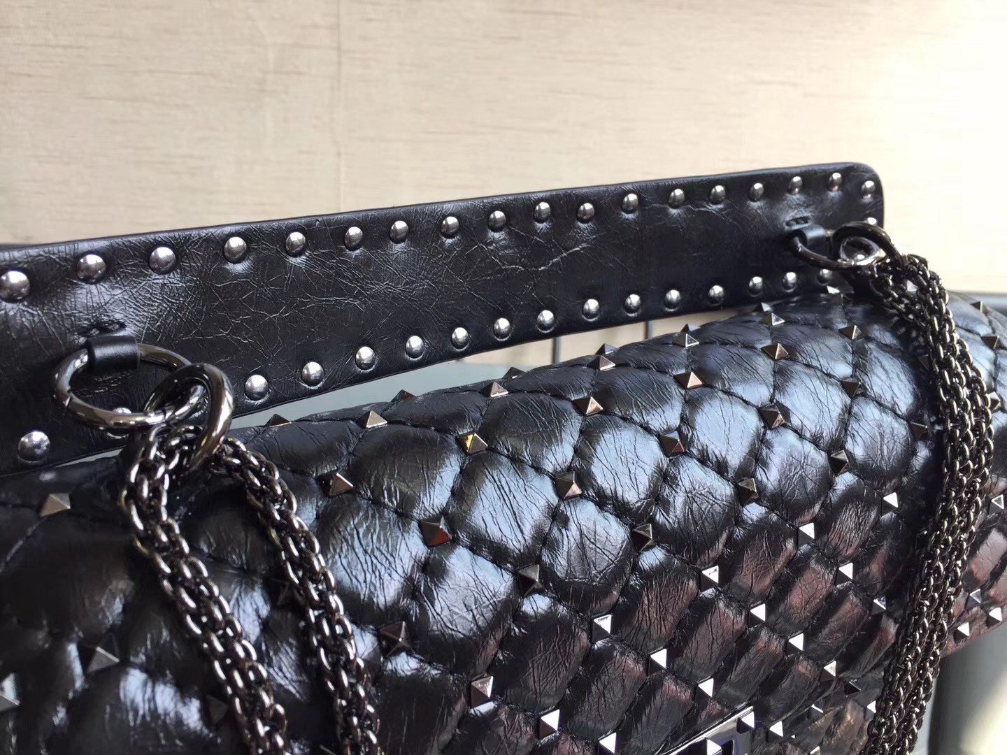 Valentino Rockstud Spike Large Bag In Crinkled Nappa Lambskin