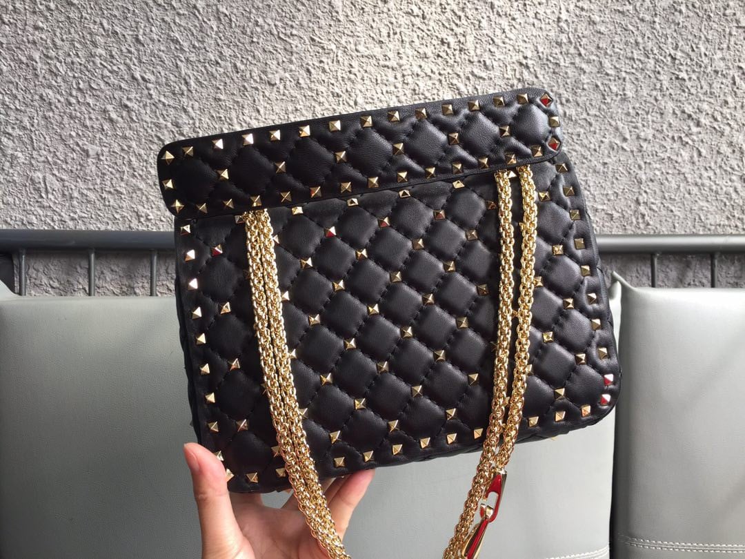 Valentino Rockstud Spike Medium Bag In Black Nappa Lambskin