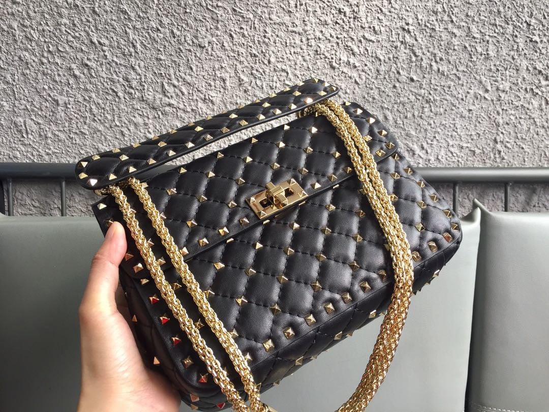 Valentino Rockstud Spike Medium Bag In Black Nappa Lambskin