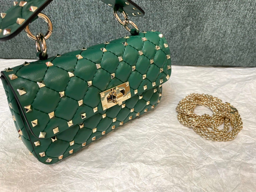 Valentino Rockstud Spike Small Bag In Green Nappa Lambskin