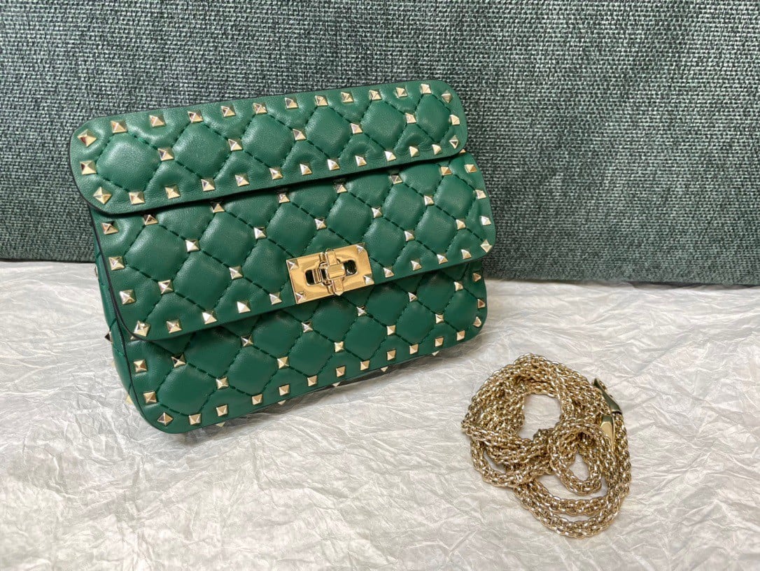 Valentino Rockstud Spike Small Bag In Green Nappa Lambskin