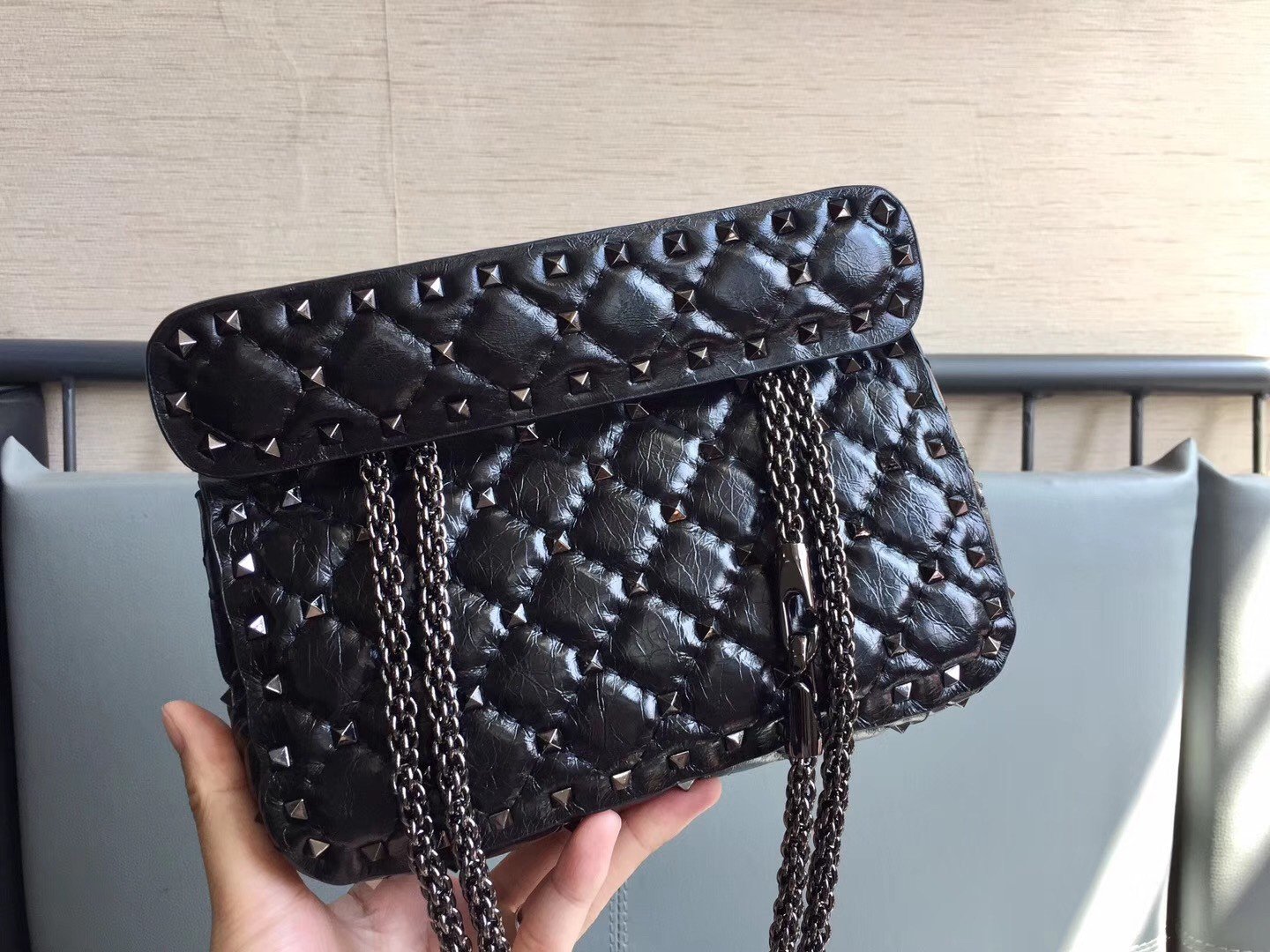 Valentino Rockstud Spike Small Bag In Crinkled Nappa Lambskin