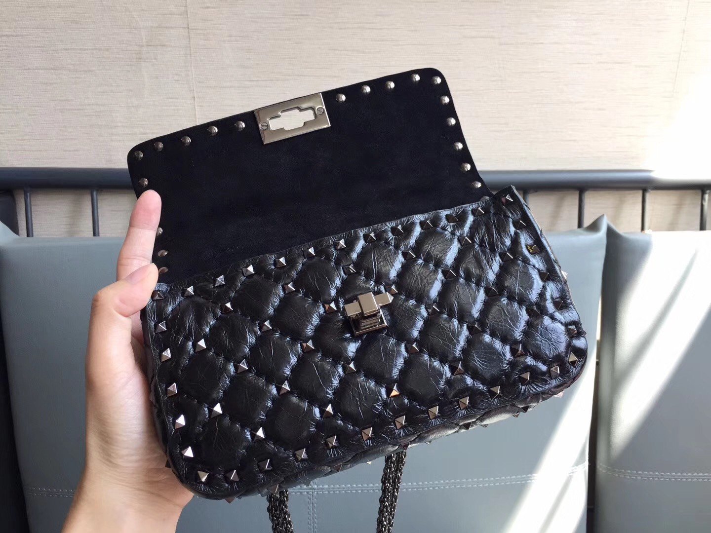 Valentino Rockstud Spike Small Bag In Crinkled Nappa Lambskin