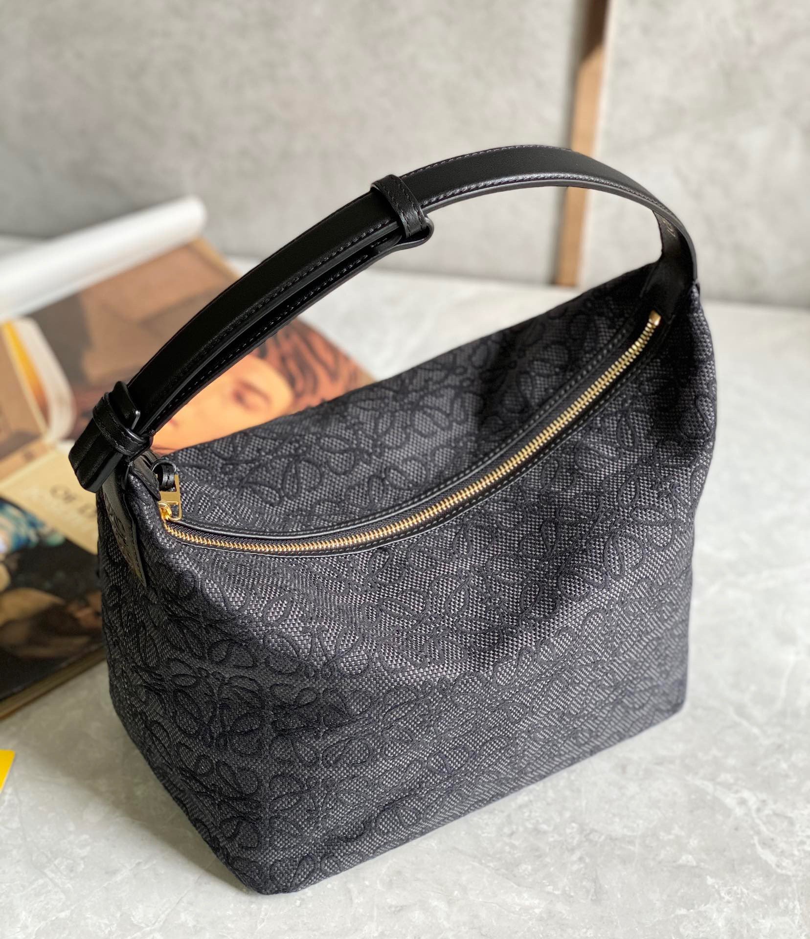 Loewe Cubi Medium Bag in Black Anagram Jacquard