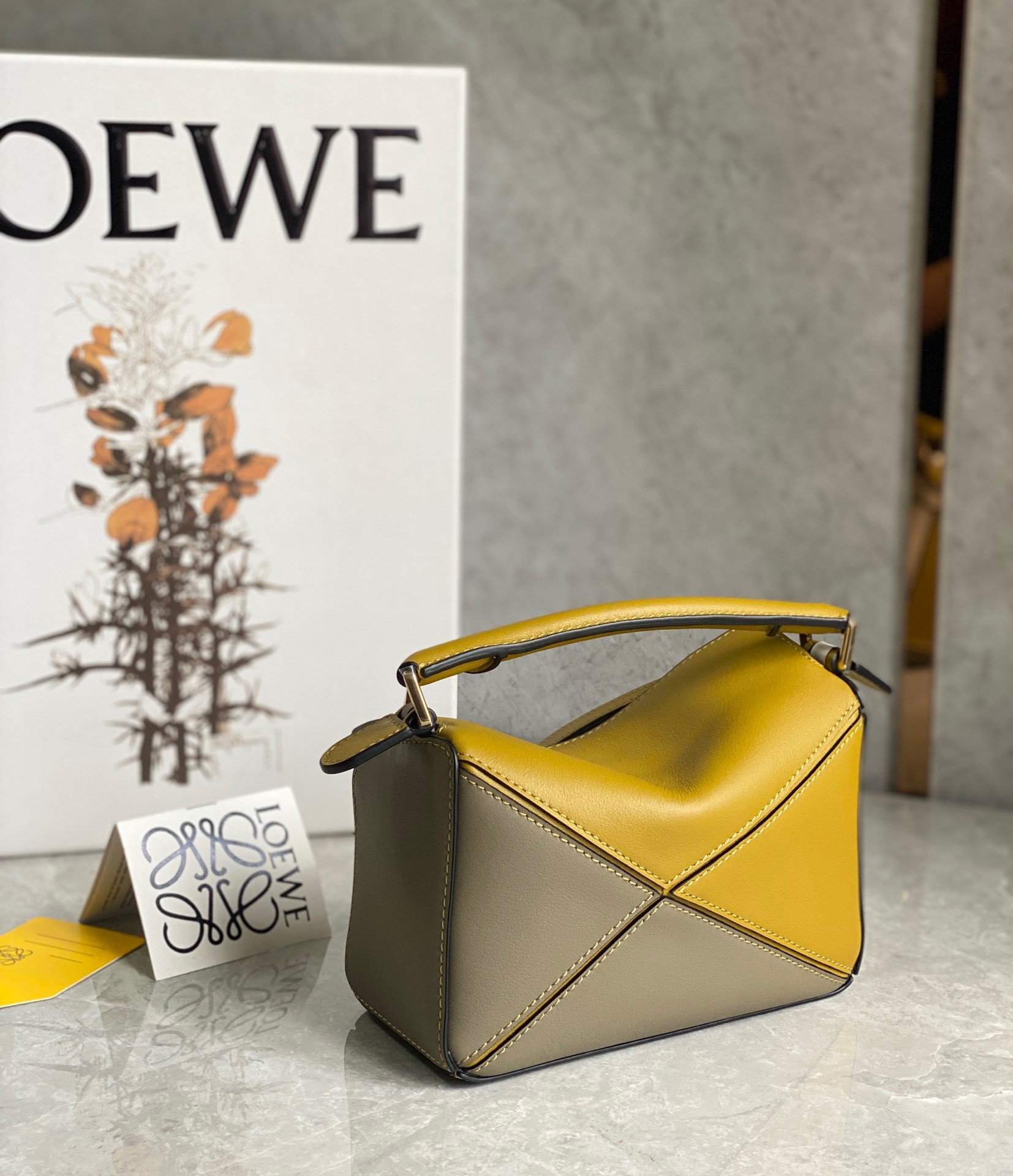 Loewe Puzzle Mini Bag In Ochre/White/Taupe Calfskin