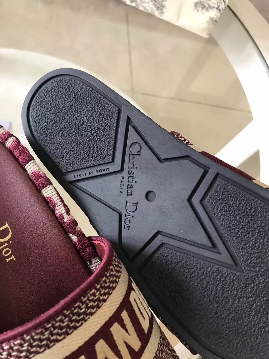 Dior Dway Slides In Bordeaux Oblique Embroidered Cotton