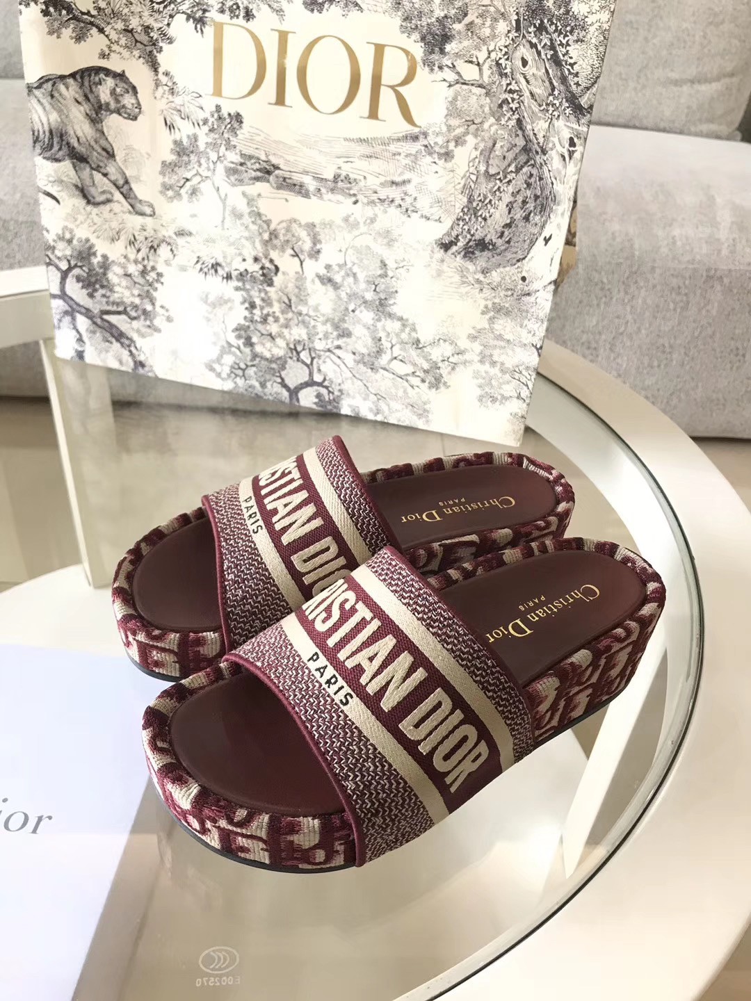 Dior Dway Slides In Bordeaux Oblique Embroidered Cotton