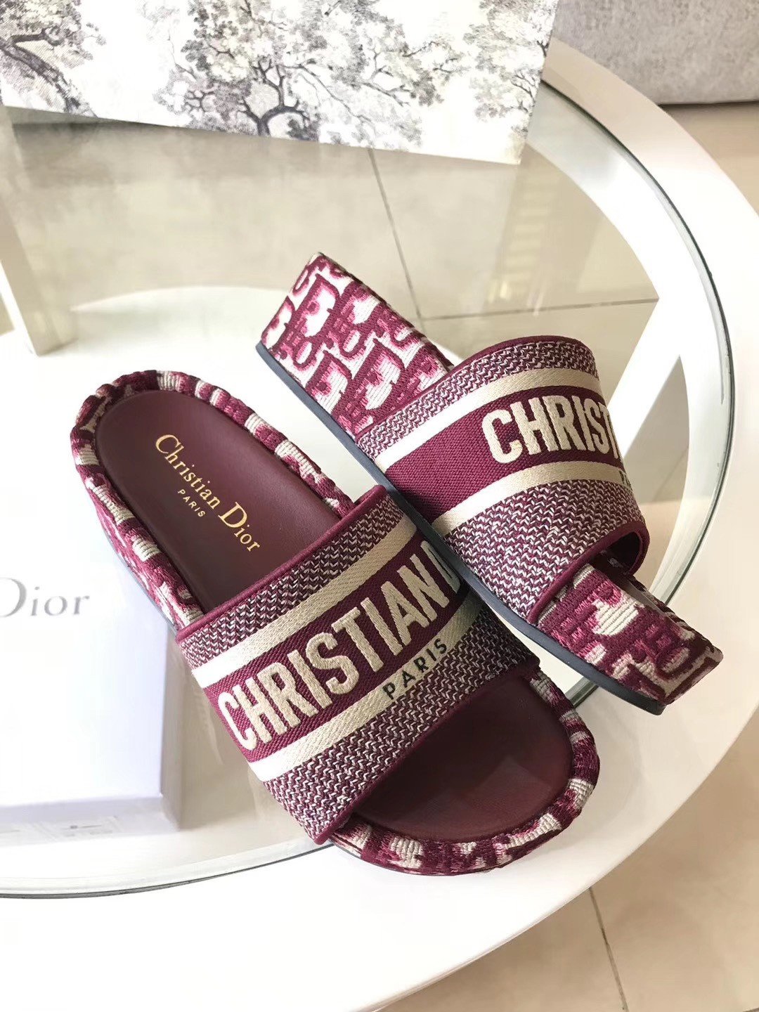 Dior Dway Slides In Bordeaux Oblique Embroidered Cotton