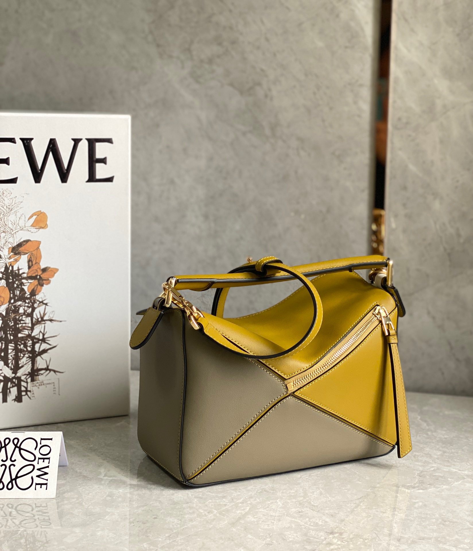 Loewe Puzzle Small Bag In Ochre/White/Taupe Calfskin