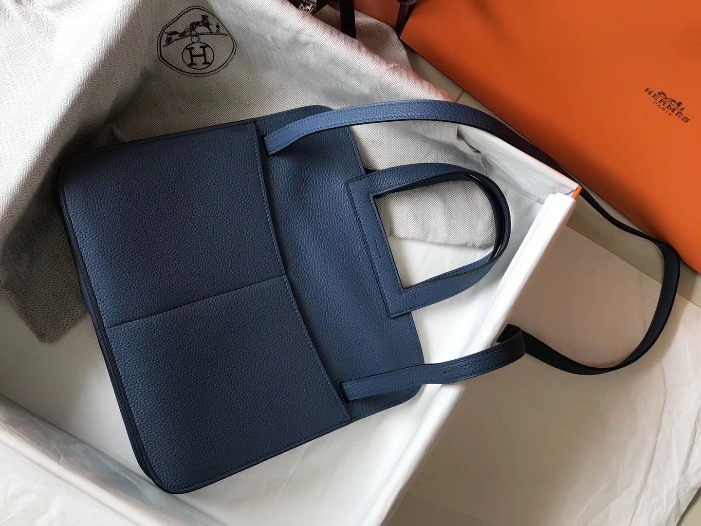 Hermes Halzan 31cm Bag In Blue Agate Clemence Leather