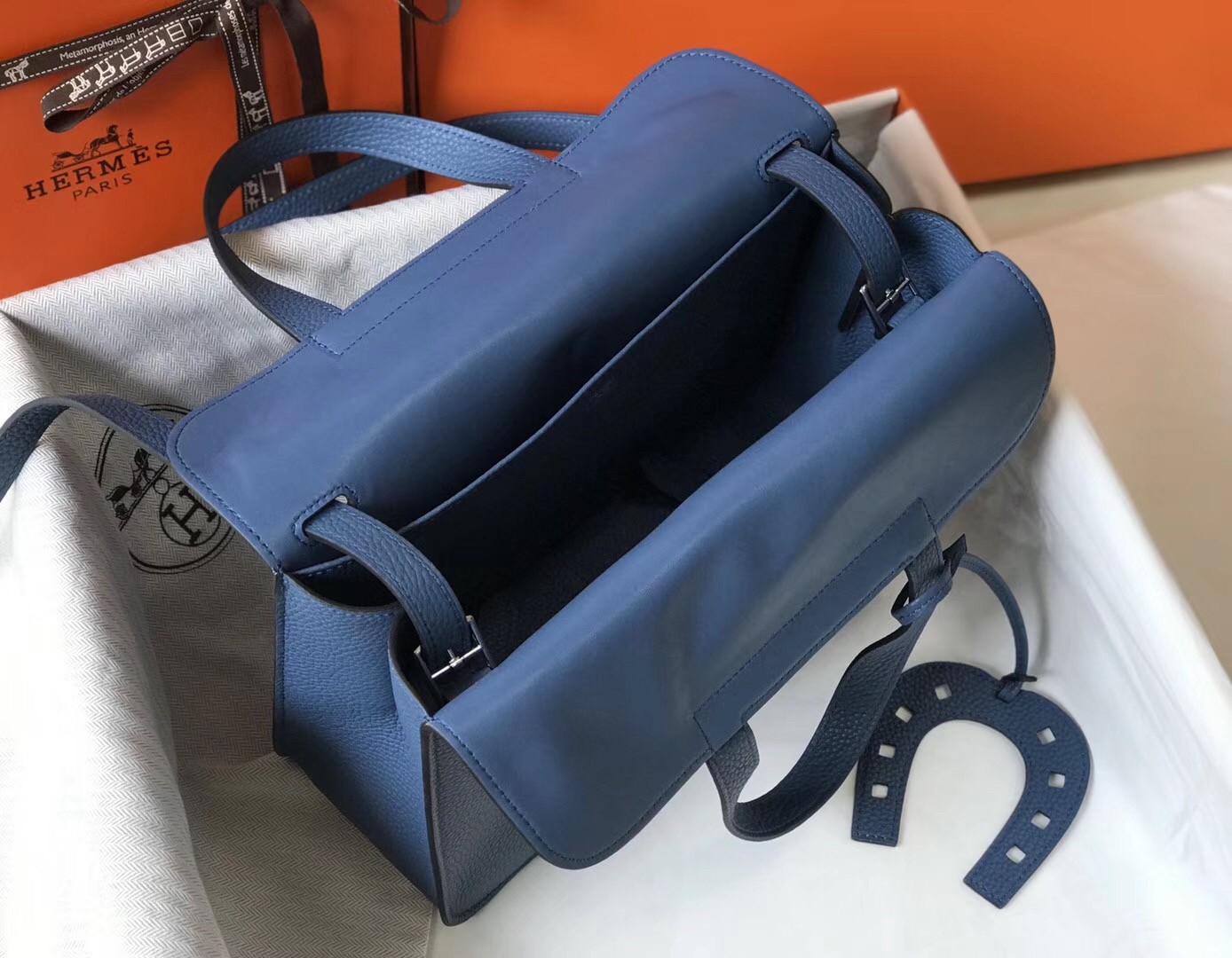 Hermes Halzan 31cm Bag In Blue Agate Clemence Leather