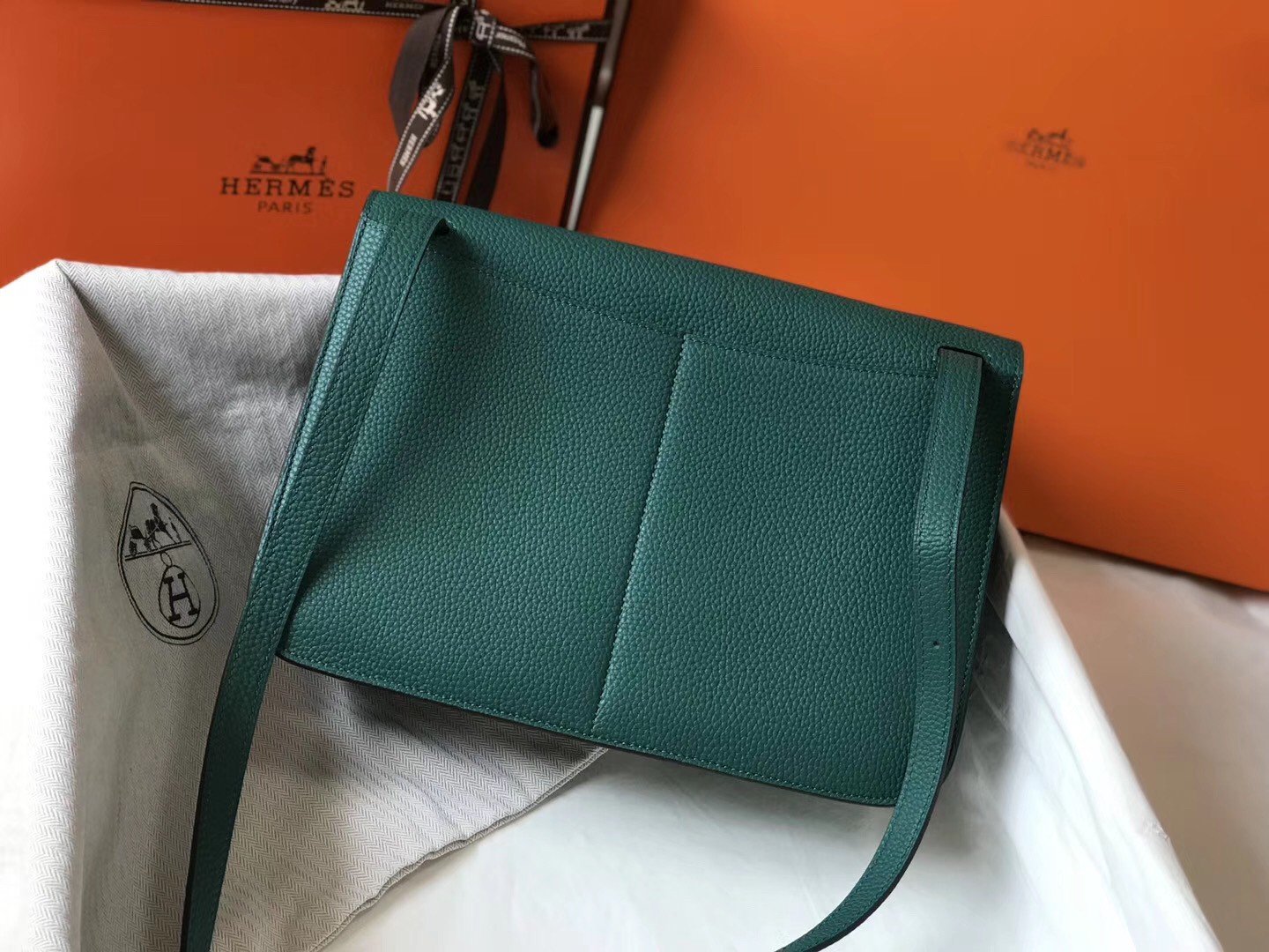 Hermes Halzan 31cm Bag In Malachite Clemence Leather