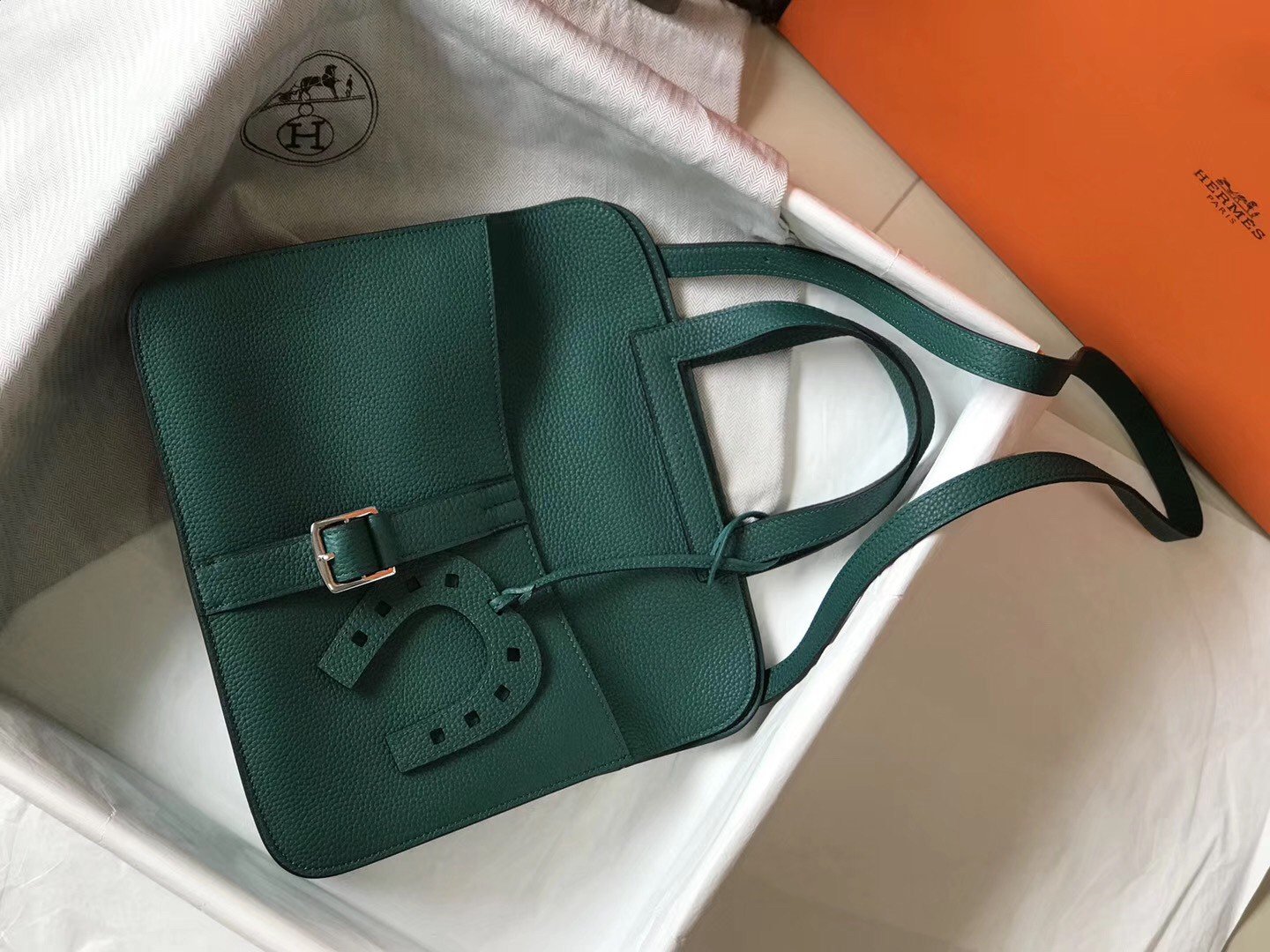 Hermes Halzan 31cm Bag In Malachite Clemence Leather