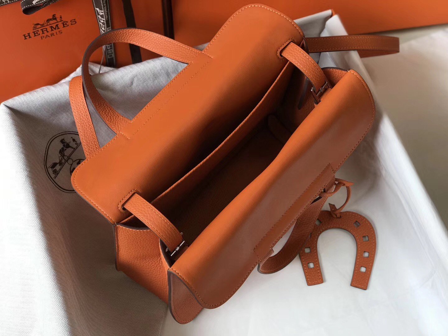 Hermes Halzan 31cm Bag In Orange Clemence Leather