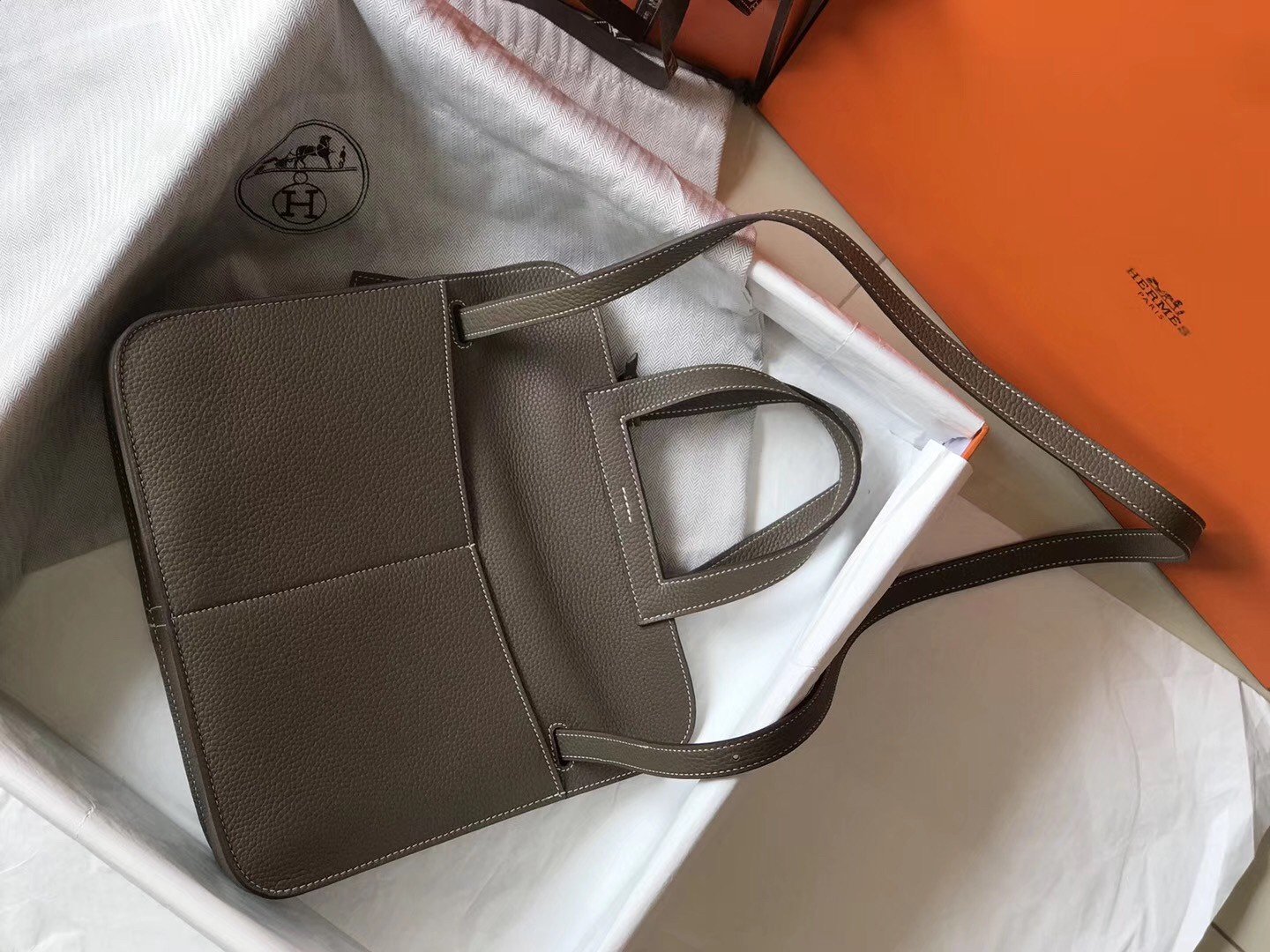 Hermes Halzan 31cm Bag In Taupe Clemence Leather