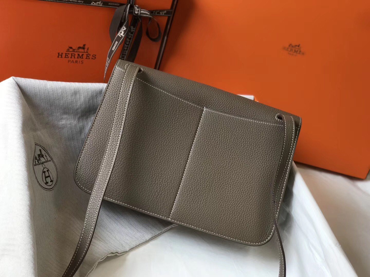 Hermes Halzan 31cm Bag In Taupe Clemence Leather