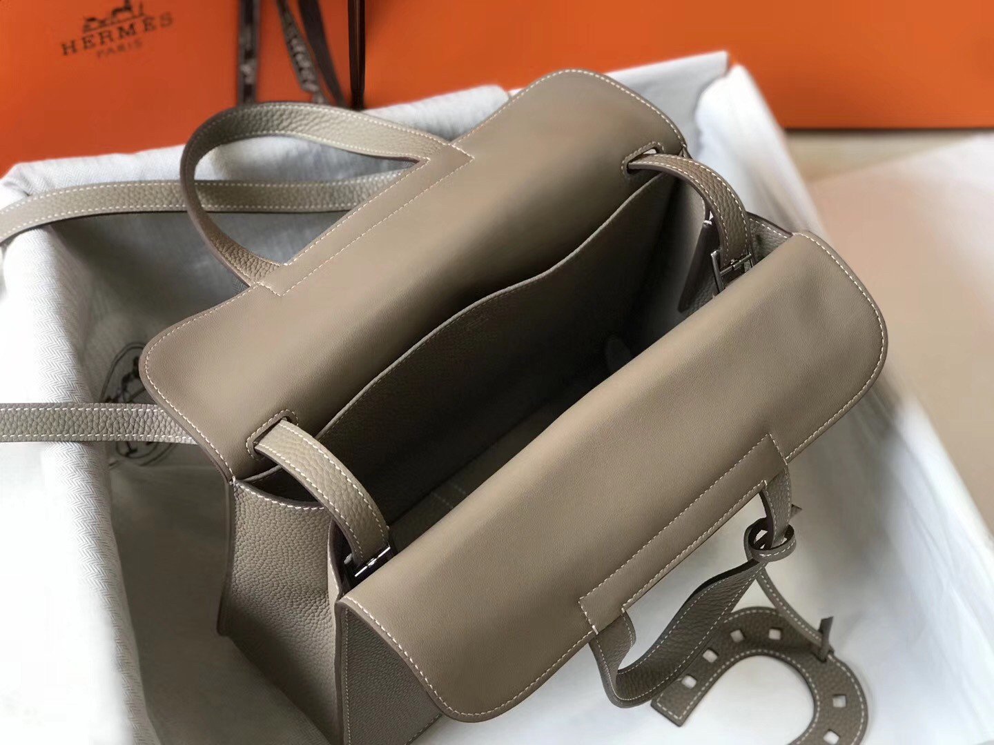 Hermes Halzan 31cm Bag In Tourterelle Clemence Leather