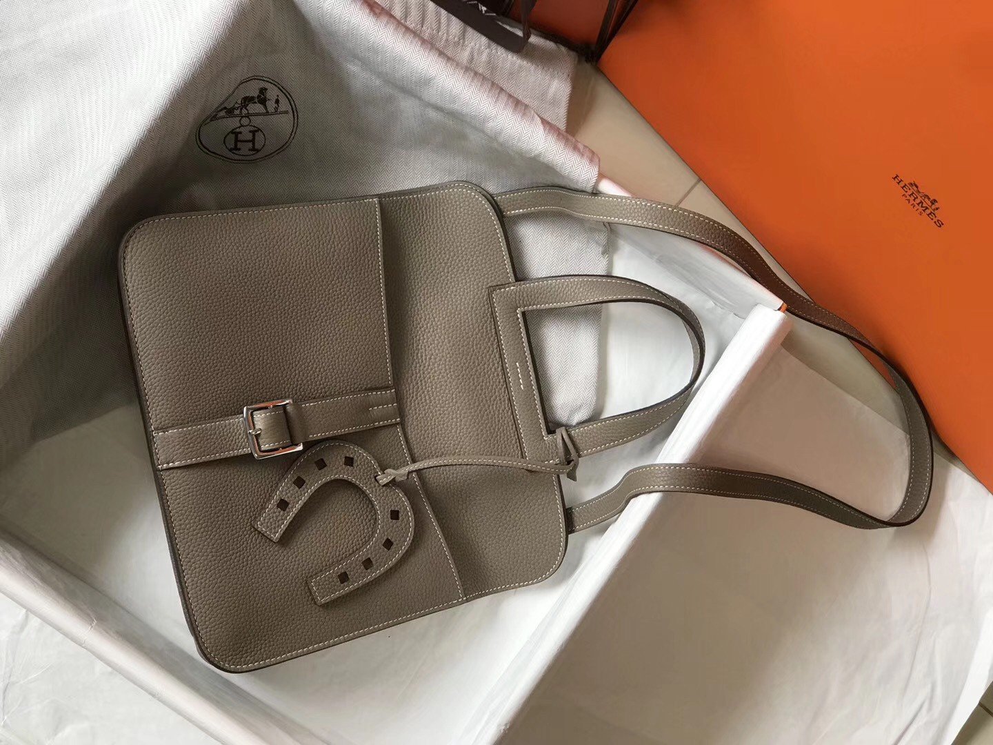 Hermes Halzan 31cm Bag In Tourterelle Clemence Leather