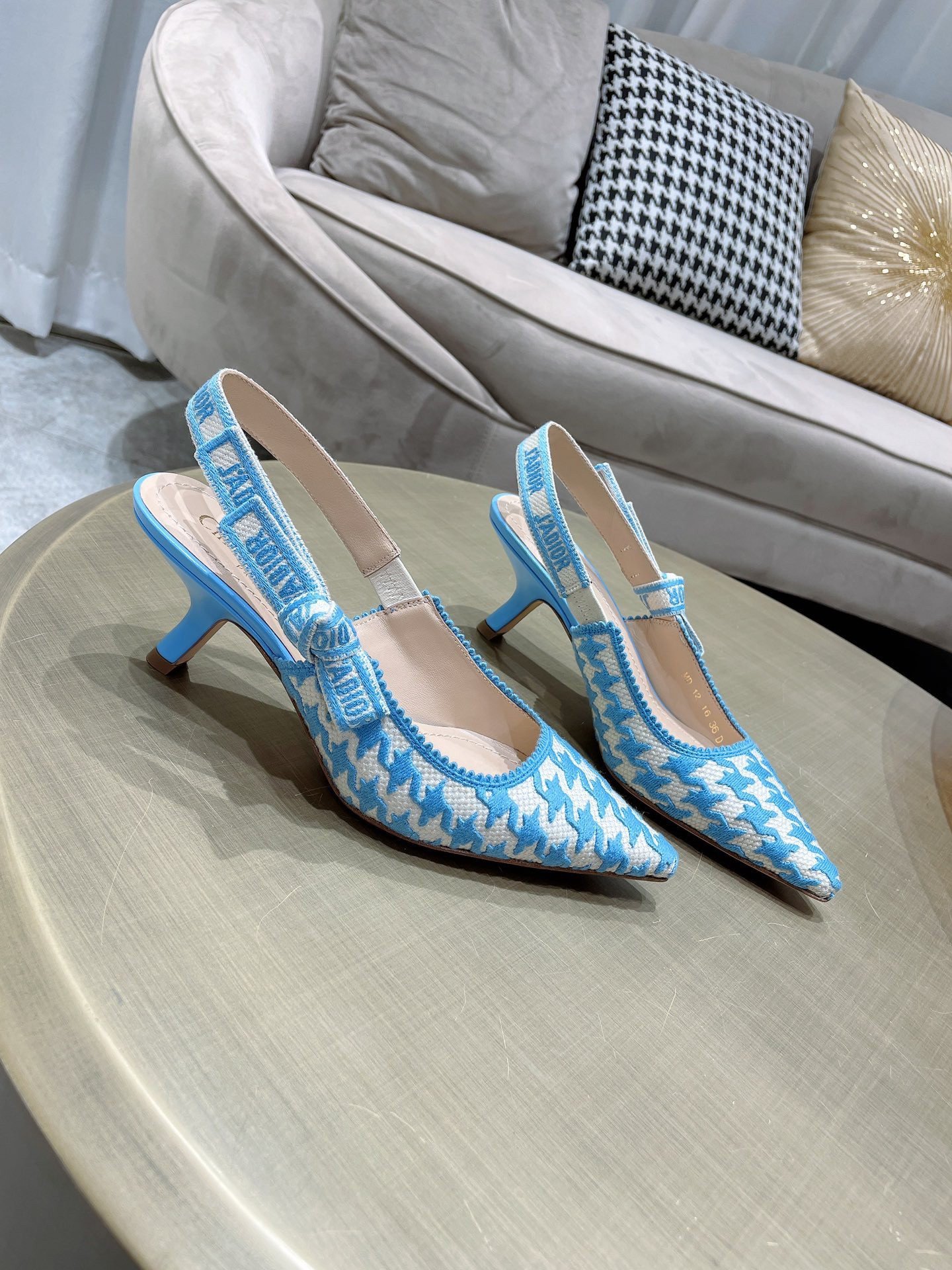 Dior J'Adior Slingback Pumps 65mm In Blue Houndstooth Embroidery