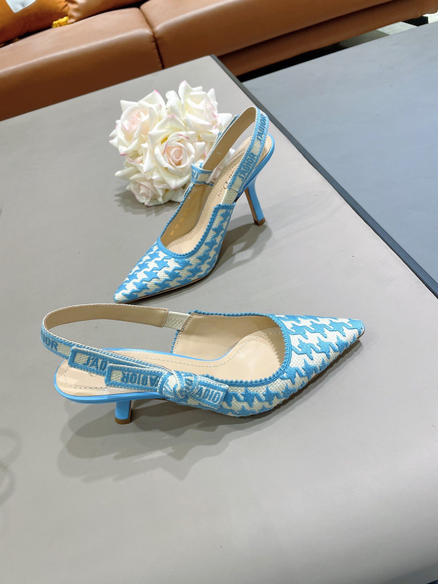 Dior J'Adior Slingback Pumps 65mm In Blue Houndstooth Embroidery