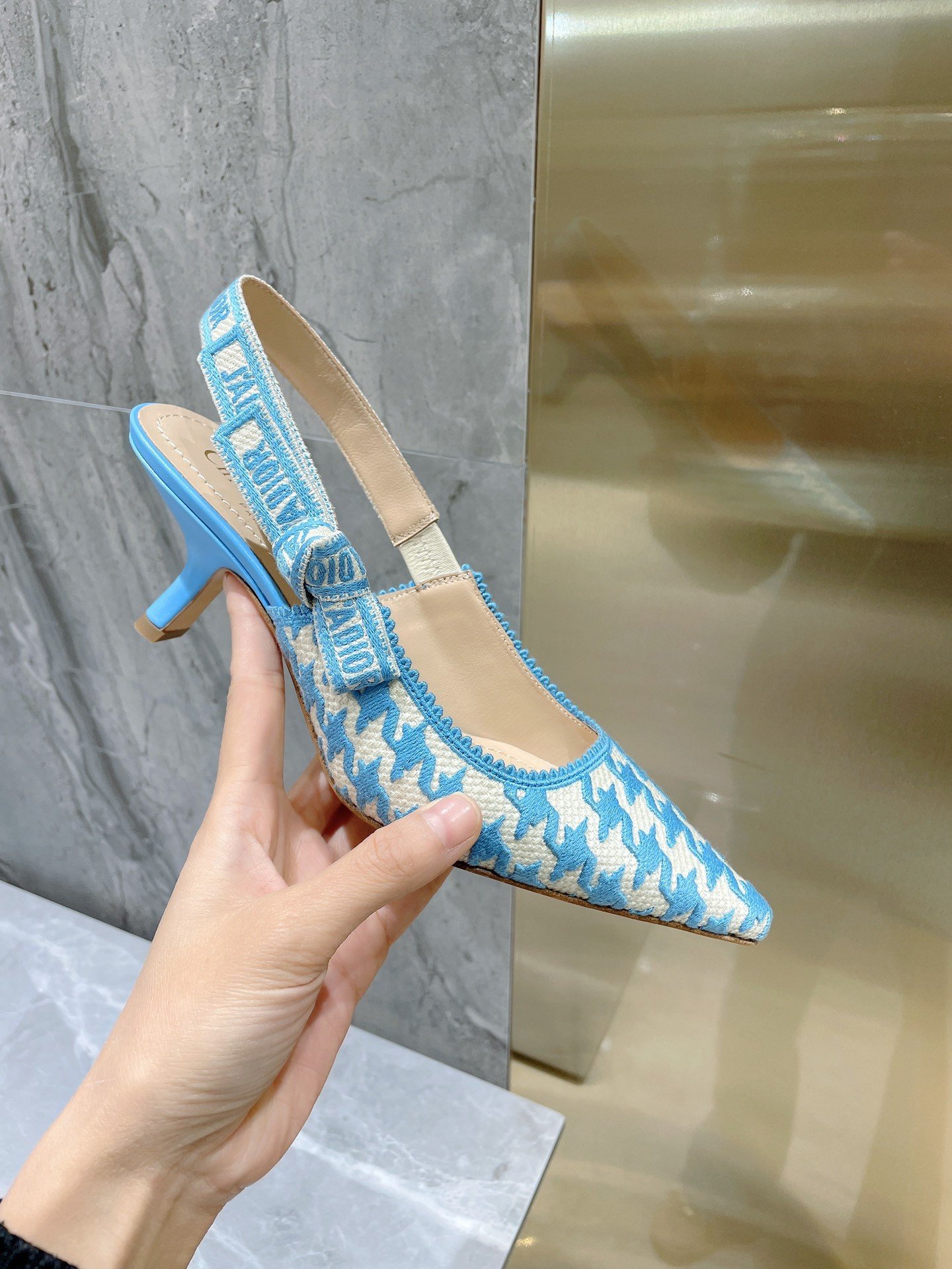 Dior J'Adior Slingback Pumps 65mm In Blue Houndstooth Embroidery