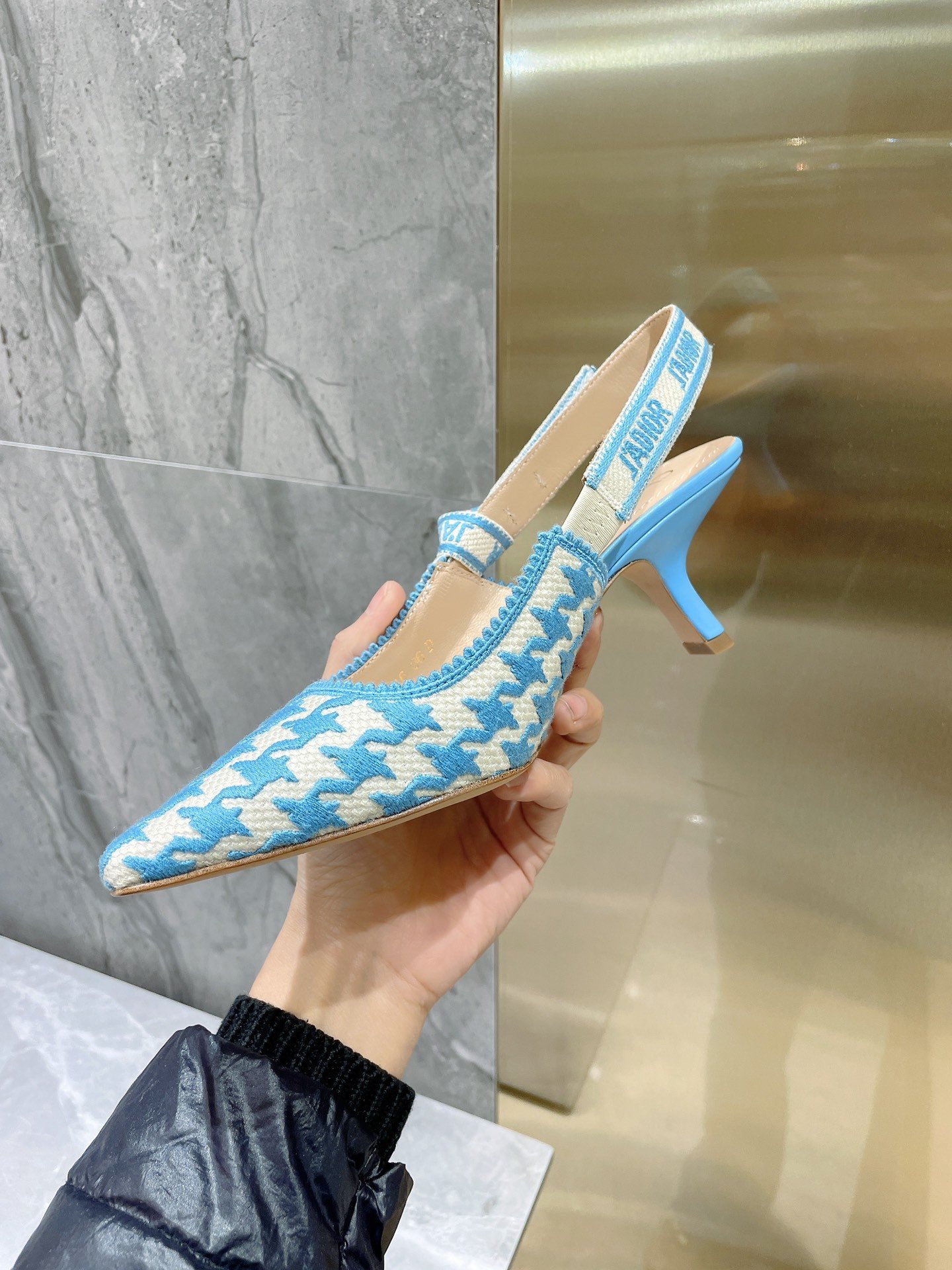 Dior J'Adior Slingback Pumps 65mm In Blue Houndstooth Embroidery