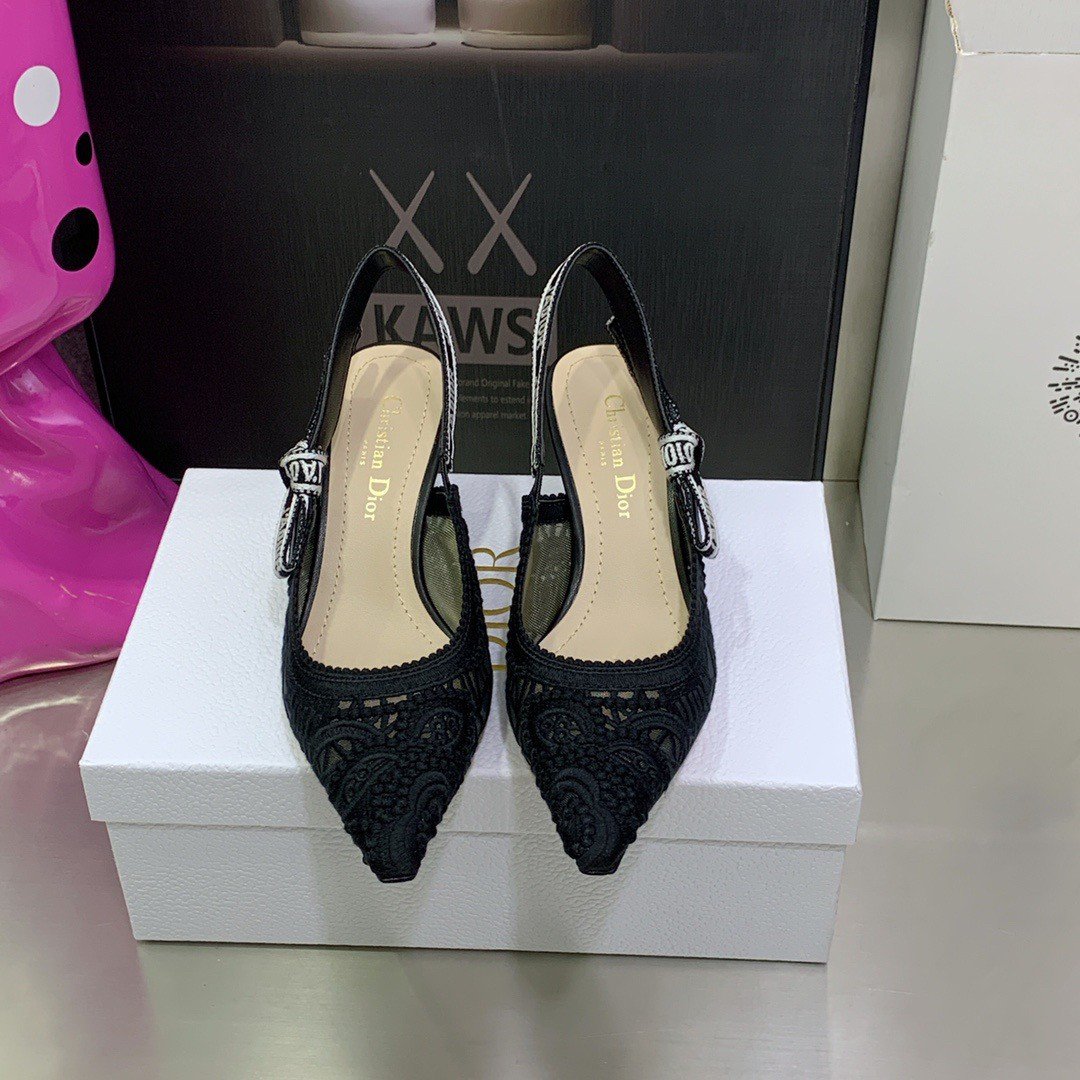 Dior J'Adior Slingback Pumps 65mm In Black Macrame Embroidered Cotton