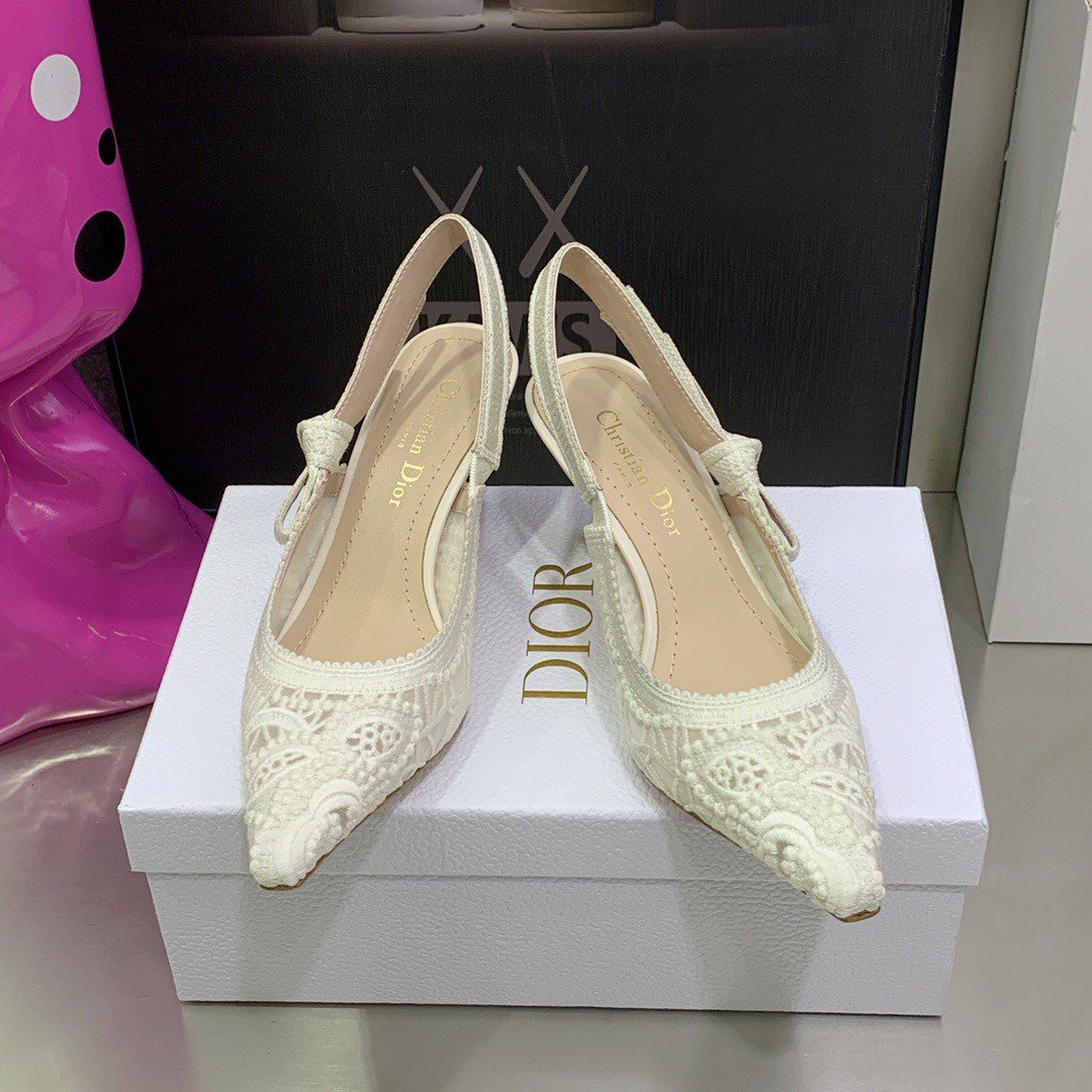 Dior J'Adior Slingback Pumps 65mm In White Macrame Embroidered Cotton