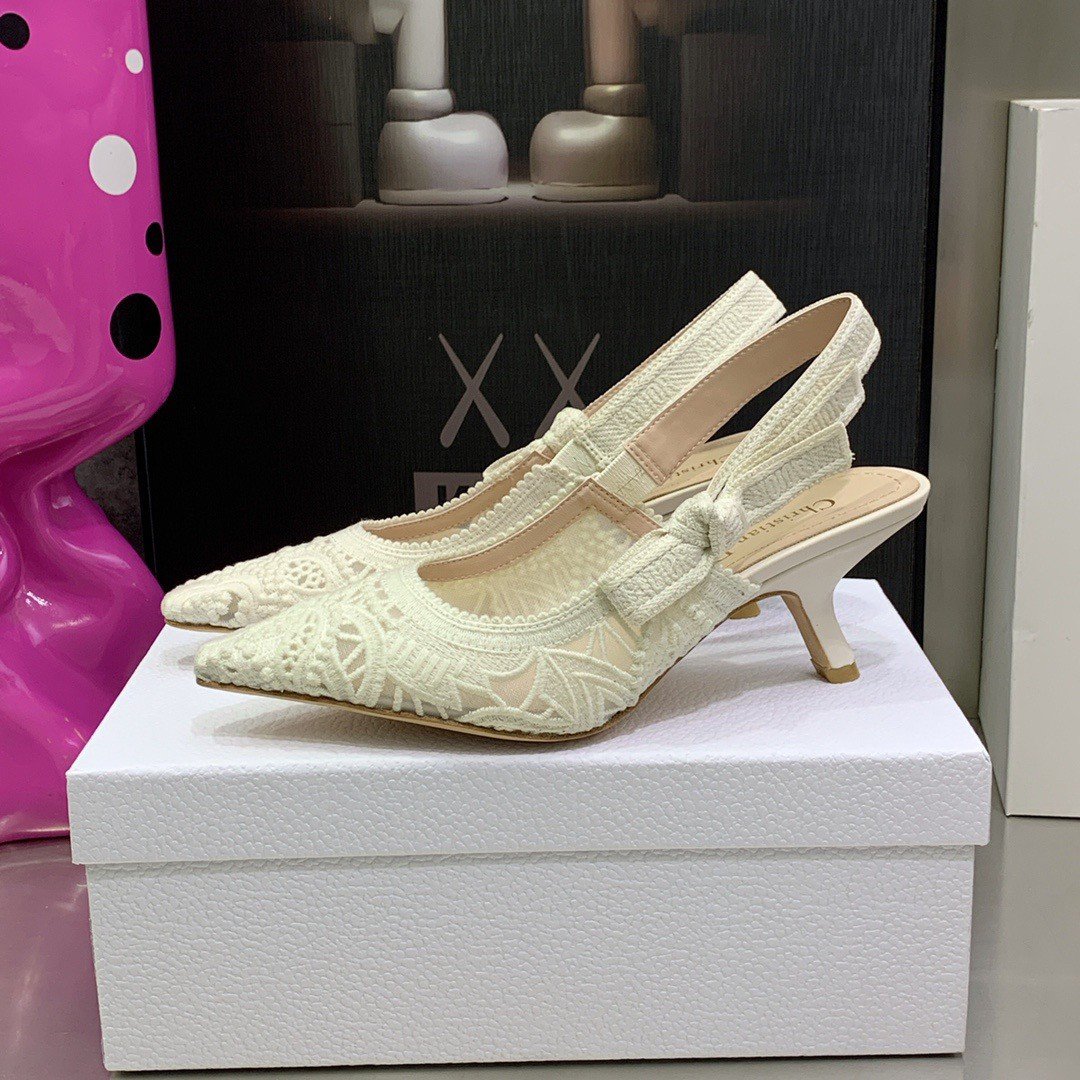 Dior J'Adior Slingback Pumps 65mm In White Macrame Embroidered Cotton