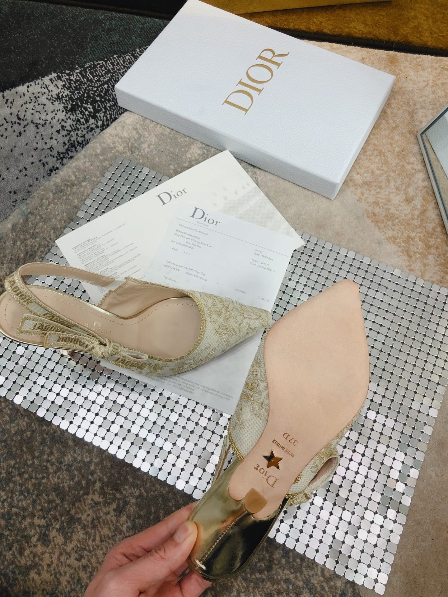 Dior J'Adior Slingback Pumps 100mm In Gold Toile de Jouy Cotton