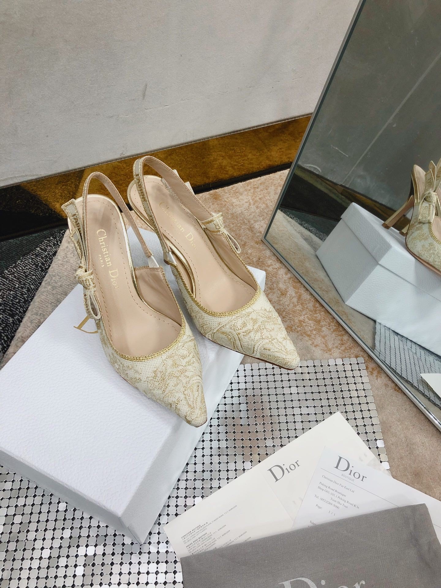 Dior J'Adior Slingback Pumps 100mm In Gold Toile de Jouy Cotton