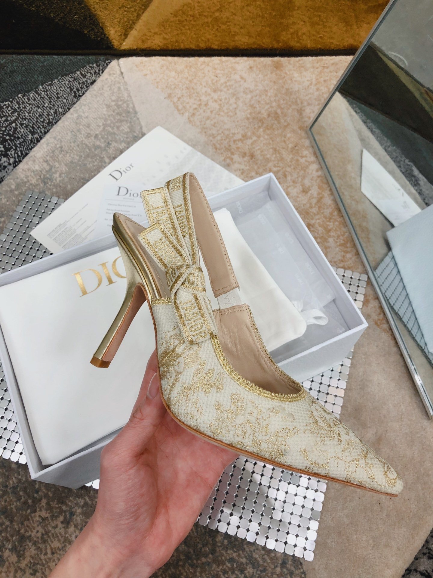 Dior J'Adior Slingback Pumps 100mm In Gold Toile de Jouy Cotton