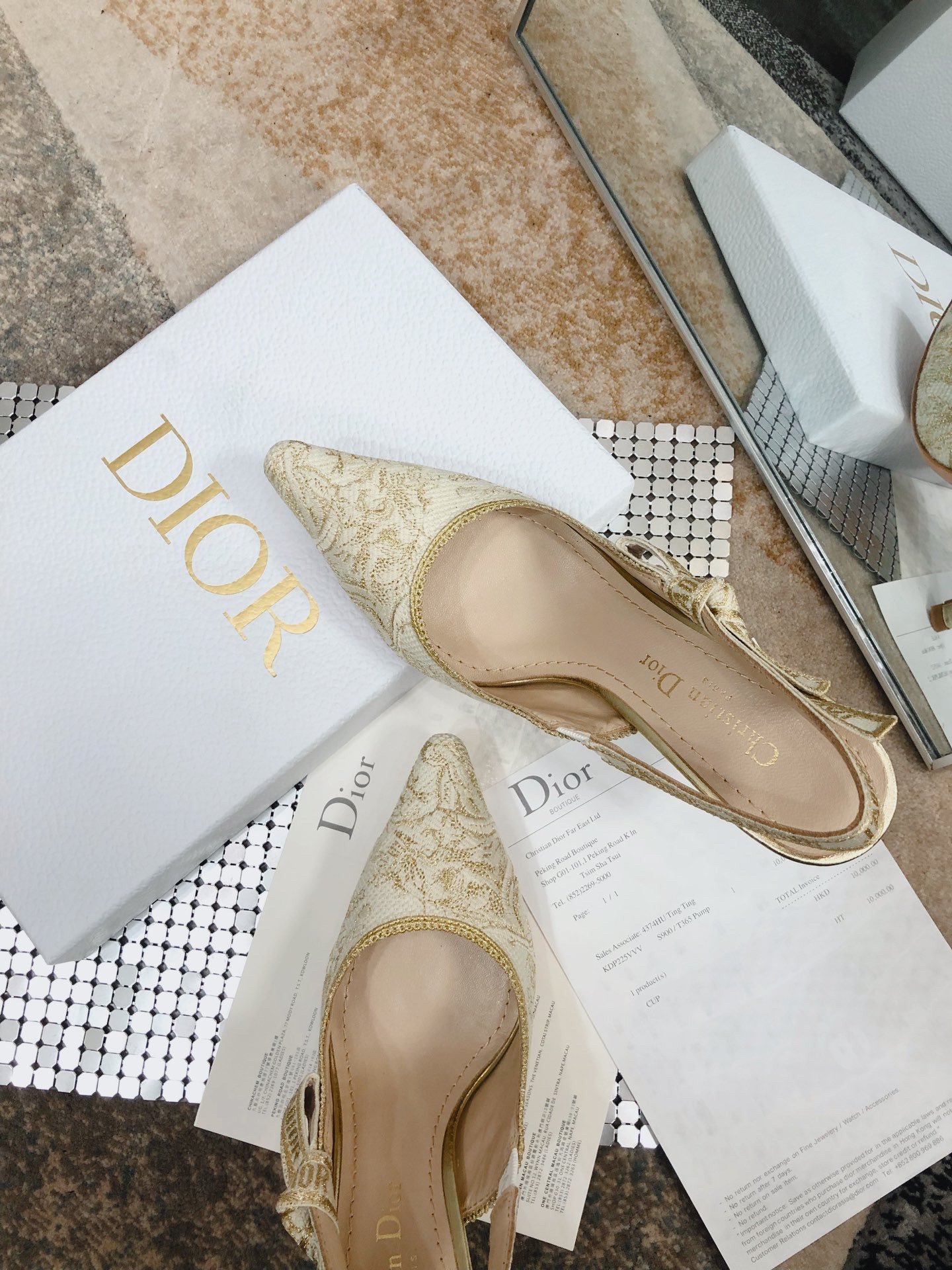 Dior J'Adior Slingback Pumps 100mm In Gold Toile de Jouy Cotton