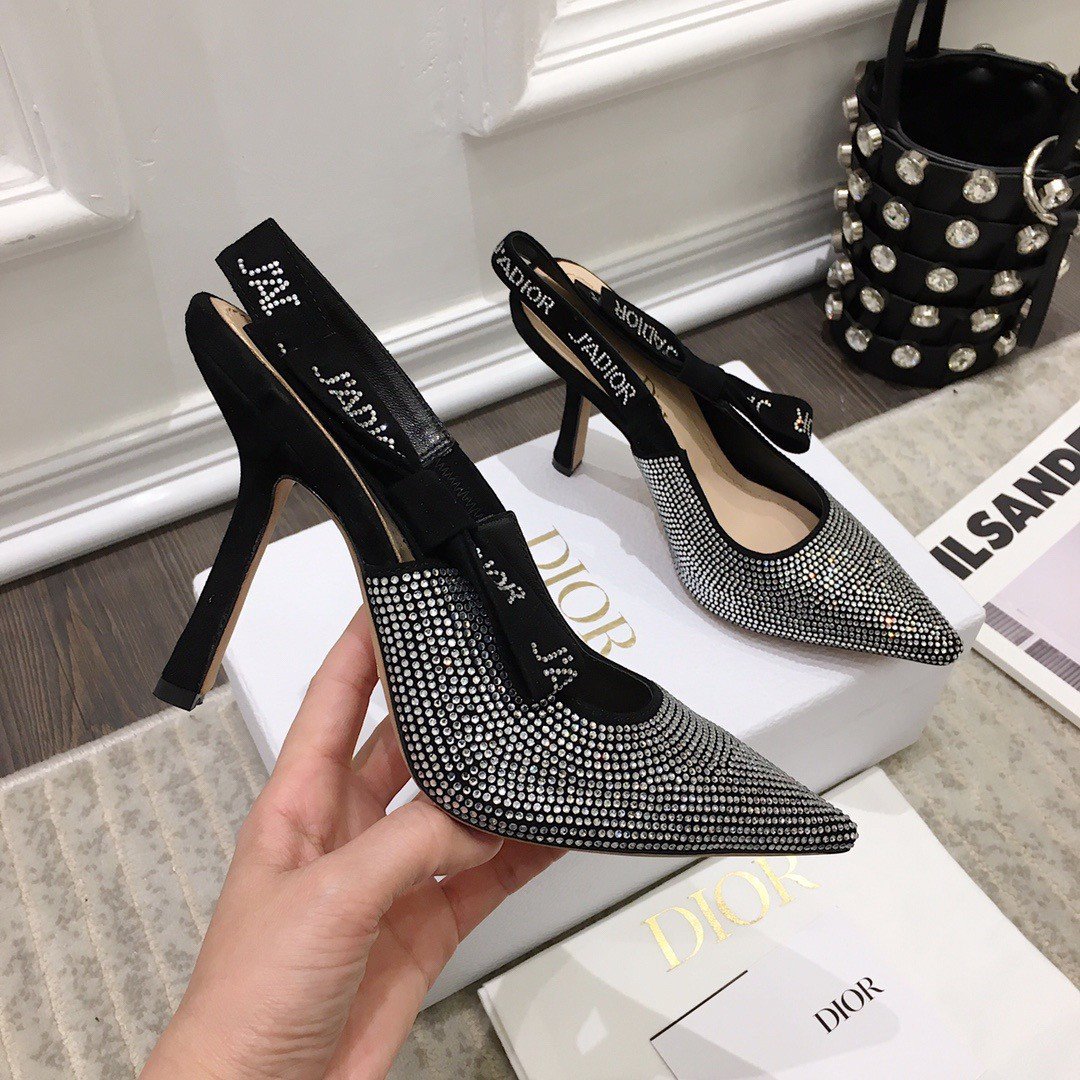 Dior J'Adior Slingback Pumps 100mm In Black Suede With Strass