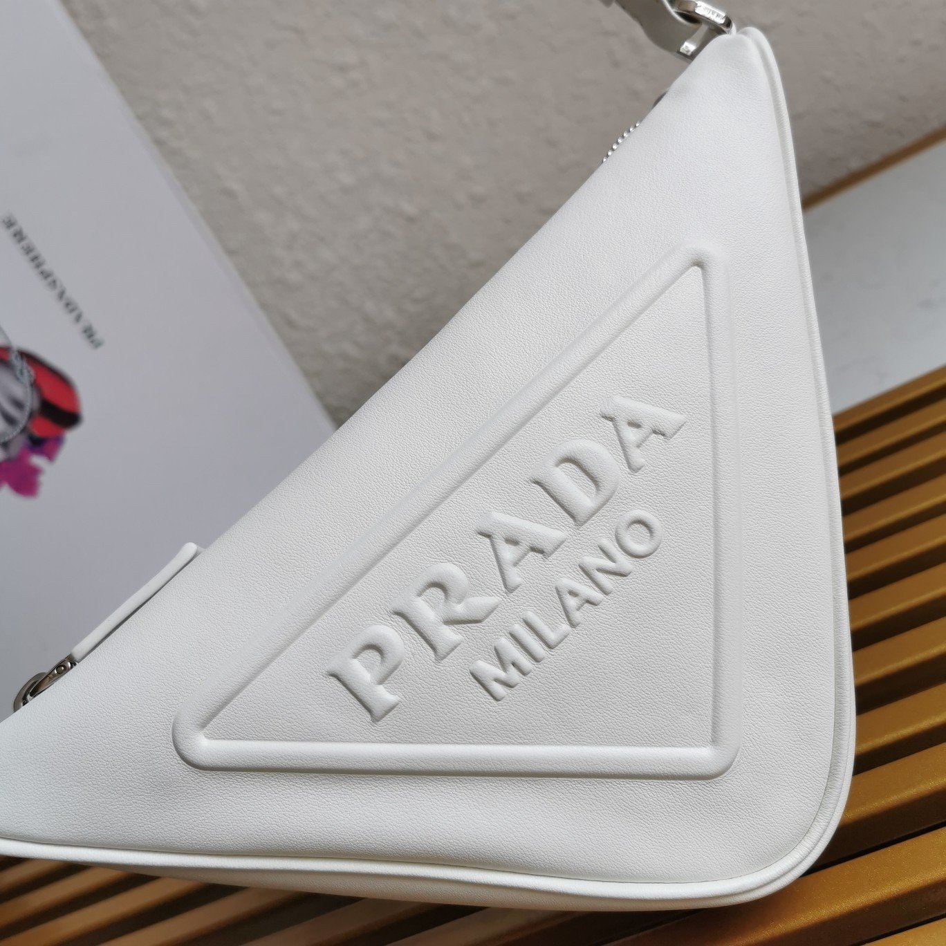 Prada Triangle Pouch Bag In White Calfskin