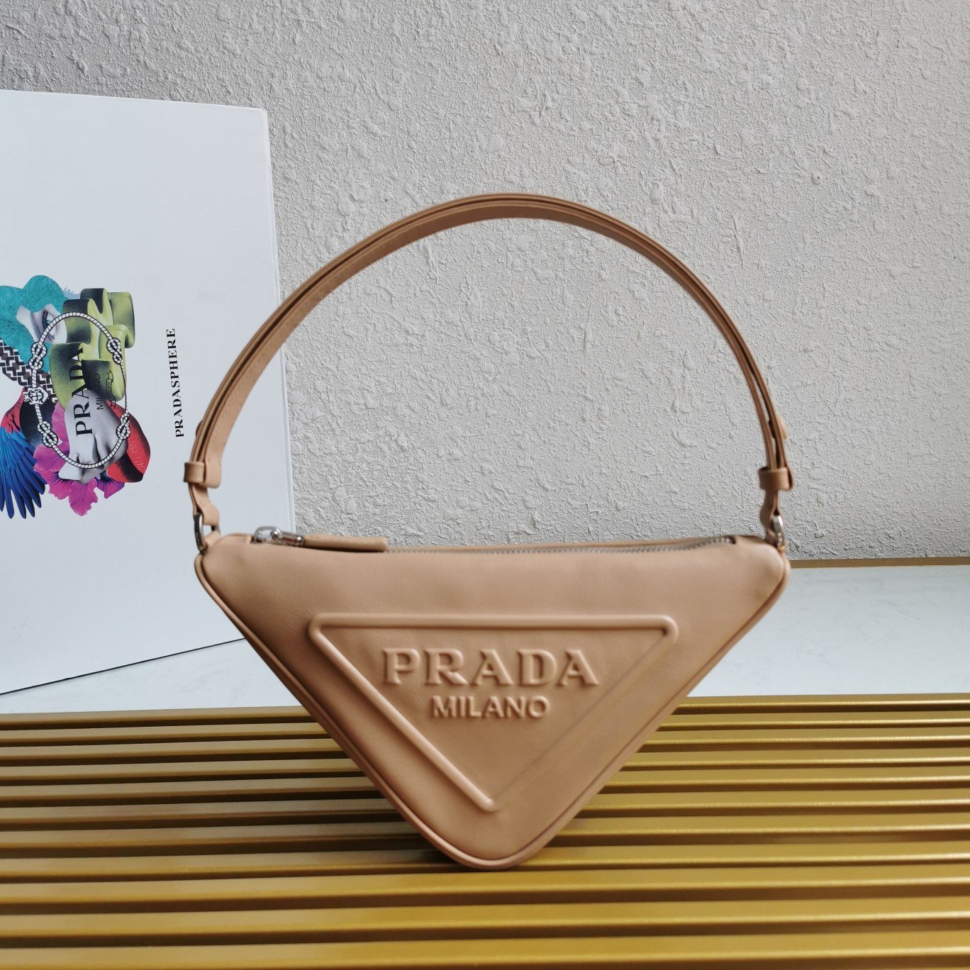 Prada Triangle Pouch Bag In Beige Calfskin