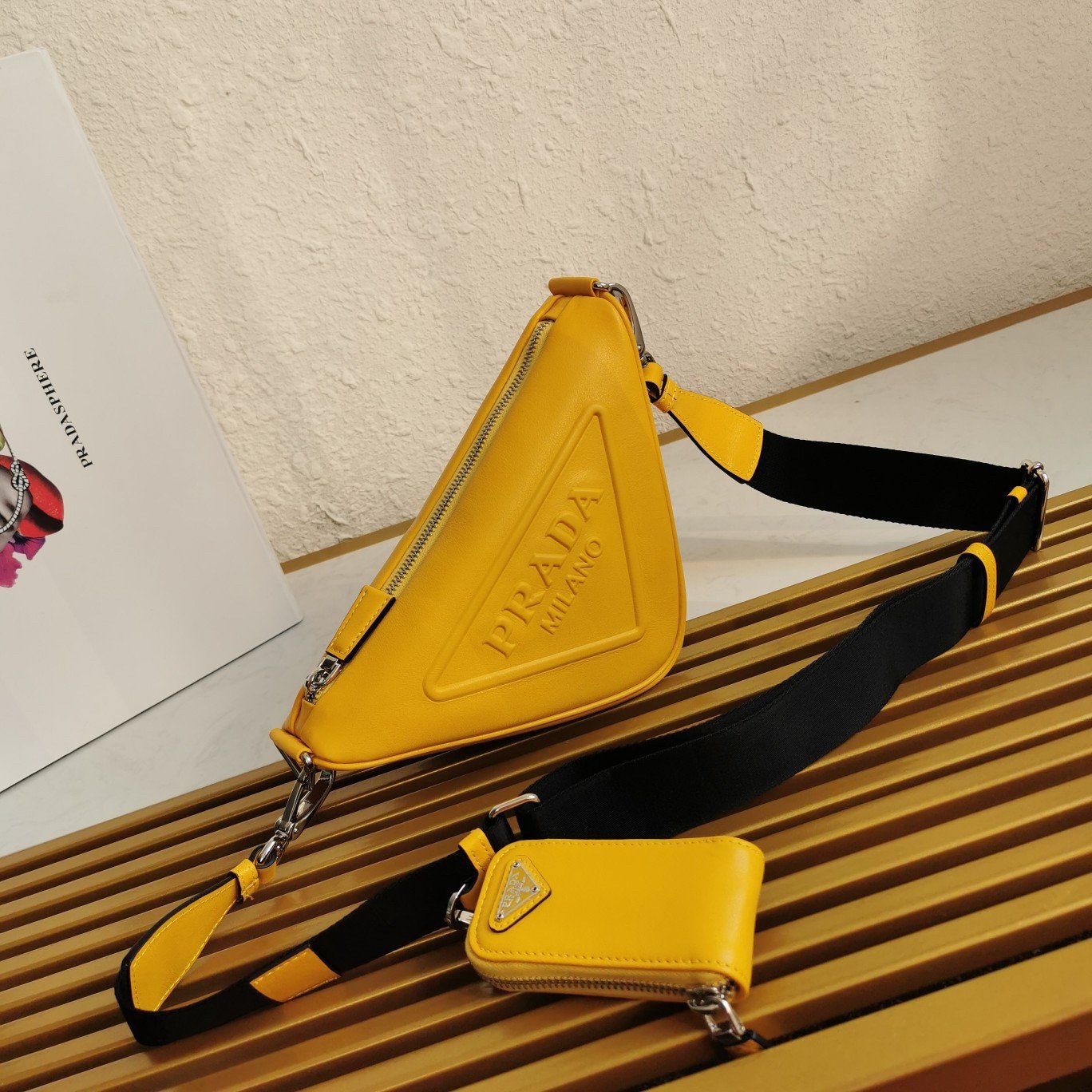 Prada Triangle Shoulder Bag In Yellow Calfskin