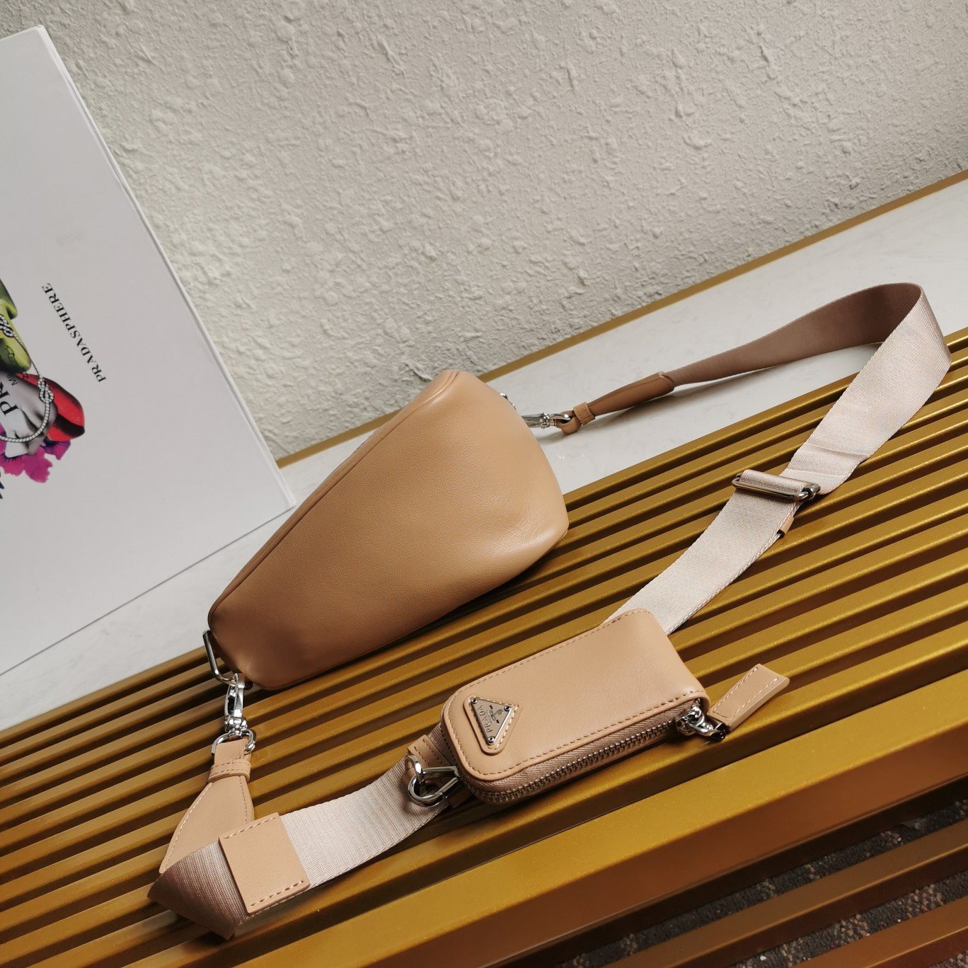 Prada Triangle Shoulder Bag In Beige Calfskin